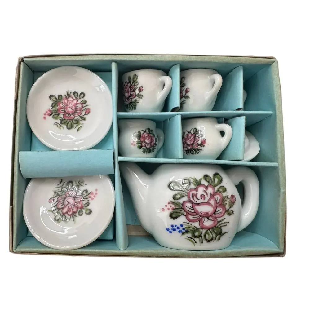 Vintage Toy Porcelain Tea Set 9 Piece Made in Japan Pink Green Floral Plate Cup